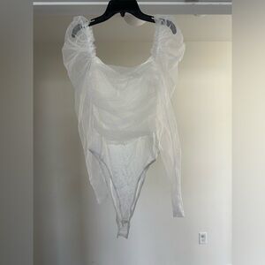 NWT - White Sheer Puff Sleeve Square Neck Bodysuit - Size Small
